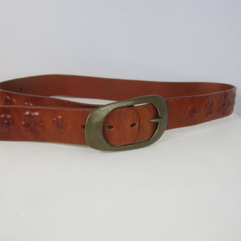 Sangiorgio Women Medium Embossed Brown  Leather Belt 32 - 36 Brass Buckle Italy
